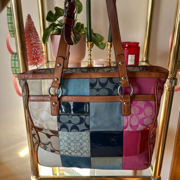 Vintage Y2K Coach Patchwork Pink Blue Leather Signature Print Shoulder Tote Bag - Picture 12 of 12